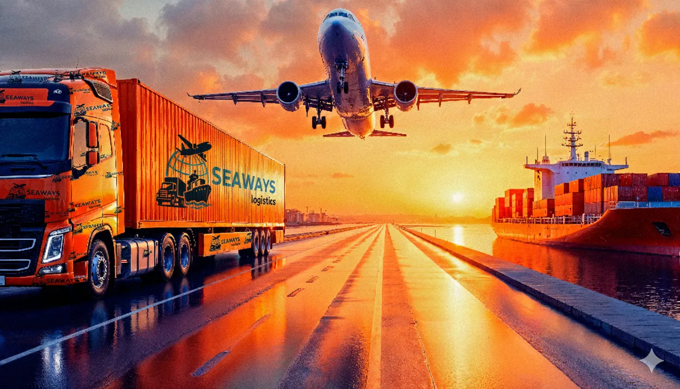 A Seaways truck on a wet road at sunset, with a plane overhead and a container ship beside the road