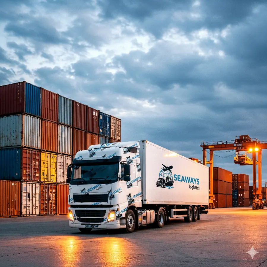 A Seaways truck in front of stacked shipping containers